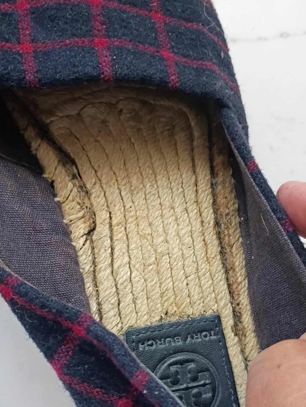 Tory Burch Navy and Red Plaid Espadrille Flats with Logo Toe